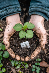 person holds small plant in their hands, surrounded by soil, symbolizing growth and care. hands are dirty, reflecting nurturing process of gardening