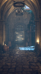 Aufkleber - Gothic medieval castle corridor at night lit by candles with moonlight coming through a hole in the roof. Vertical 3D rendered illustration.