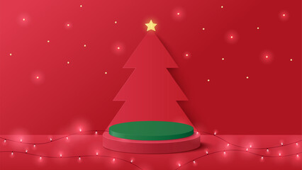 Wall Mural - Podium Christmas. Red Podium for product display presentation with christmas tree. Podium platform to show product on red background. Merry Christmas background