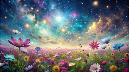 abstract cosmic field blossoming with flowers against a magical galaxy backdrop reflected