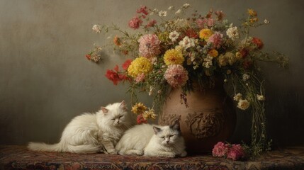 Sticker - Two white cats sitting next to a vase of flowers