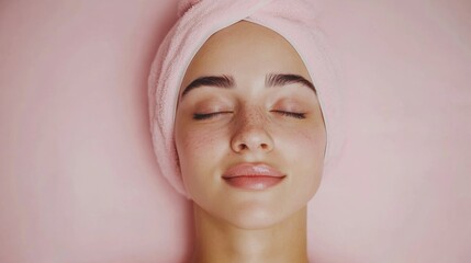 Poster - A woman with a pink towel on her head