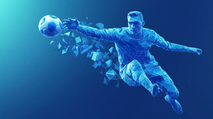 A soccer player, made up of blue triangles, is moving. A goalkeeper is leaping to catch the ball. This is a modern, geometric design.low poly wireframe.