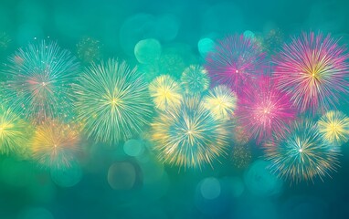 A vivid array of fireworks lighting up the night, isolated on a teal background, creating a dynamic contrast with room for text