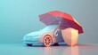 © Hikmet - A modern, 3D image of a car, umbrella, and shield represents car insurance. It's perfect for websites, banners, and flyers.low poly wireframe.