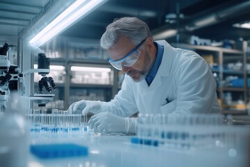 Aufkleber - In a well-equipped laboratory, a focused scientist in a lab coat examines test tubes and samples with precision and care. Generative AI