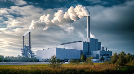 Canvas Print - Modern industrial facility with a prominent smoke-emitting chimney.