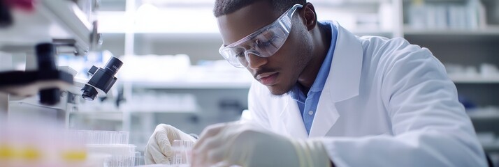 Aufkleber - A scientist in a lab coat and protective gear meticulously works with test tubes, focusing on precision and safety in research. Generative AI
