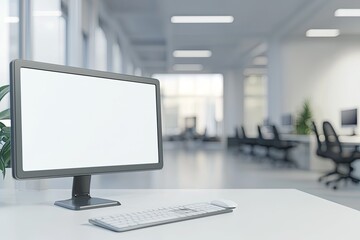 Wall Mural - Blurred office background with a computer and white desk in a modern interior, a business work space concept, a mockup for product display presentation, with a white background