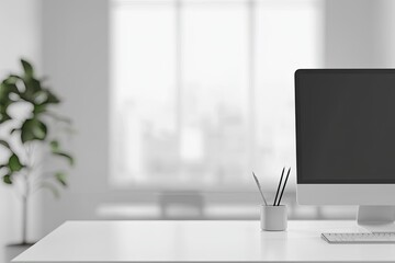 Wall Mural - Blurred office background with a computer and white desk in a modern interior, a business work space concept, a mockup for product display presentation, with a white background