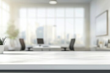 Wall Mural - Blurred office background with a computer and white desk in a modern interior, a business work space concept, a mockup for product display presentation, with a white background