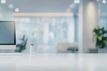 Wall Mural - Blurred office background with a computer and white desk in a modern interior, a business work space concept, a mockup for product display presentation, with a white background
