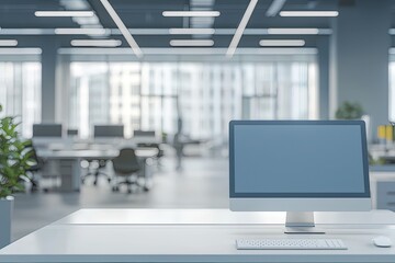 Wall Mural - Blurred office background with a computer and white desk in a modern interior, a business work space concept, a mockup for product display presentation, with a white background