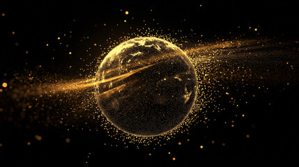 Poster - A simple, geometric image of Earth with shimmering gold dust. The image is made up of dots and lines, creating a sparkling effect on a dark background.low poly wireframe.