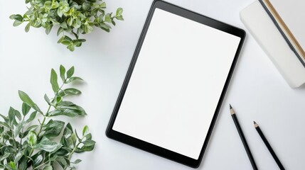 Digital tablet on a white background with black frame placed next to green plants and pencils perfect for tech or creative design mockups and presentations. Generative AI