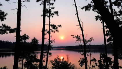 A peaceful sunset over a still lake framed by tall trees, creating a serene landscape that reflects the warm colors of the sky, perfect for nature lovers and tranquil settings.