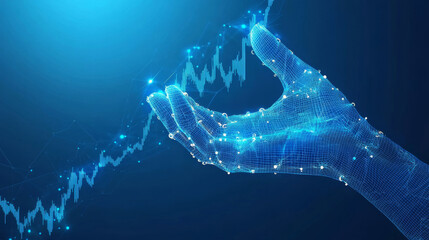 A hand protects a graph on a blue background. This image symbolizes investing and protecting your money in the stock market.low poly wireframe.