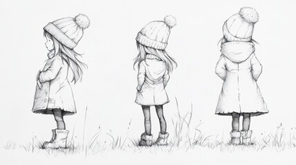 Sticker - A drawing of three girls standing in a field