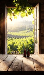 15. A cozy wooden table in front of an open window, overlooking a tranquil vineyard with gentle sunlight illuminating the scenery, creating an ideal backdrop for product displays