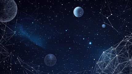 Wall Mural - A pencil drawing of a starry night sky, with planets, stars, and the universe represented by dots, lines, and shapes. It's a simple, modern design that looks like a wireframe.low poly wireframe.