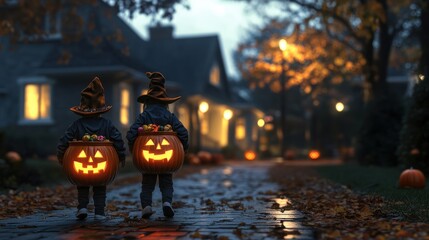 Children Trick Or Treating with Jack-O-Lantern Candy Buckets on Halloween