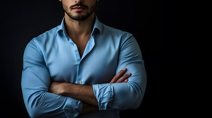 A man in a blue button-down shirt with his arms crossed.