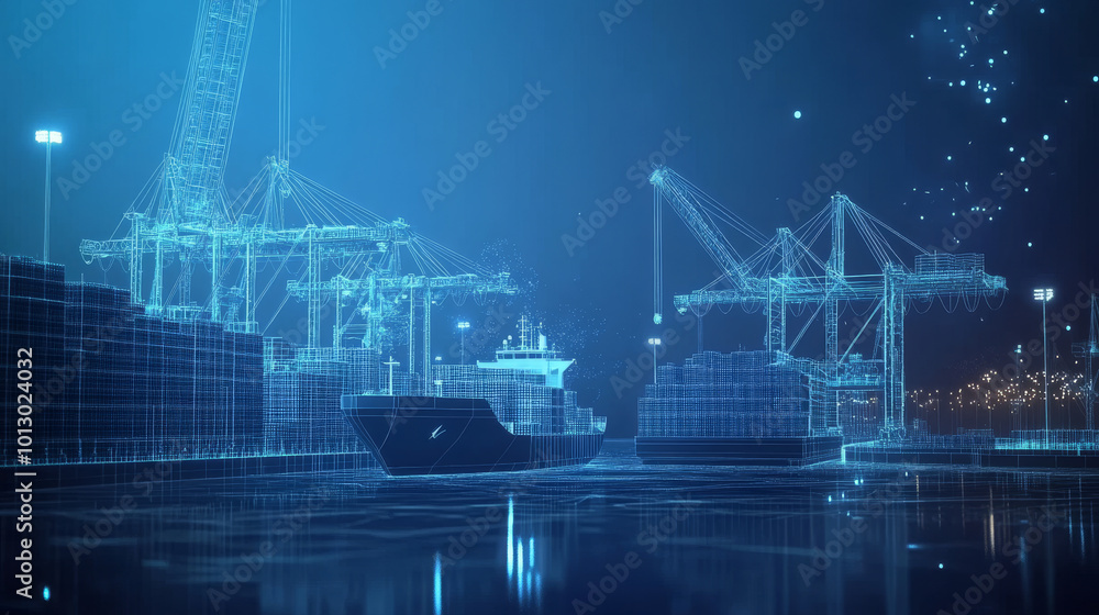 Ilustração A modern seaport with digital details. A 3D ship, crane, and ...