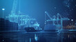 © Best_Seller - A modern seaport with digital details.  A 3D ship, crane, and containers are shown in dark blue. This image represents shipping, logistics, and global trade.low poly wireframe.