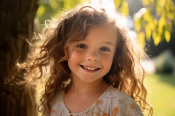 Portrait of a smiling little girl with curly hair in the park