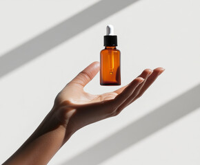 hand holding serum bottle with studio lighting creates striking visual. amber glass contrasts beautifully against light background, emphasizing products elegance and sophistication