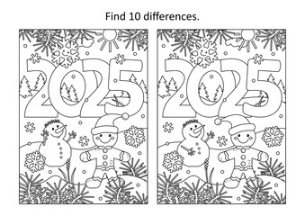 Wall Mural - Year 2025 difference game and coloring page with year 2025 heading, cute little snowman, cheerful snowflake and outdoor winter scene
