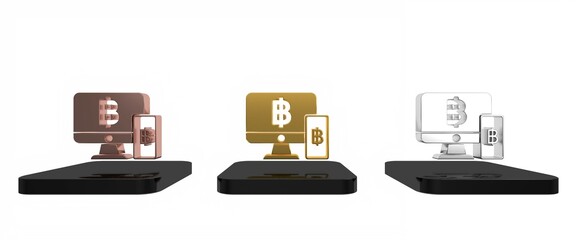 Poster - Colorful Computer monitor with mobile phone and bitcoin icon isolated on white background. Online shopping concept. Earnings in the Internet. Minimalism concept. 3D render illustration