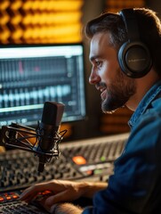 Leinwandbilder - A skilled podcaster passionately discusses topics while adjusting audio settings in a well-equipped studio environment. Generative AI