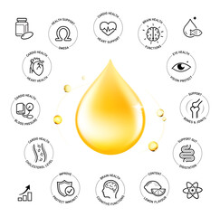 gold oil drop omega with health icons set. vector illustration isolated on white background. the out