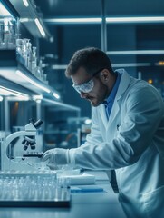 Aufkleber - A dedicated scientist, in a lab coat and protective gear, is carefully handling test tubes and samples at a high-tech laboratory. Generative AI