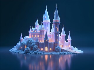 A snow castle adorned with colorful lights, creating a magical winter wonderland scene.