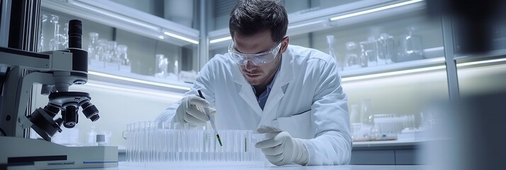 Poster - A scientist carefully handles test tubes and samples while wearing protective gear in a laboratory setting focused on research. Generative AI