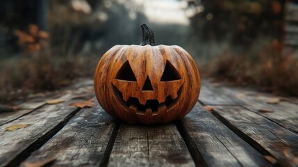 Scary halloween pumpkin on wooden planks