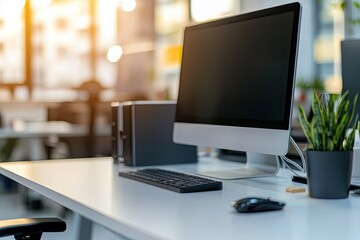 Minimalist white desk with a computer and office background, blurred business center interior in the blurred background. Mockup for design or presentation