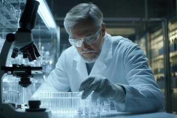 Leinwandbilder - A scientist in a white lab coat and gloves carefully manages test tubes under bright laboratory lighting, ensuring precise handling of samples. Generative AI