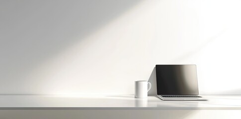 Wall Mural - Minimalist white office desk with laptop and coffee mug on a blurred background, with space for text, representing the concept of working from home