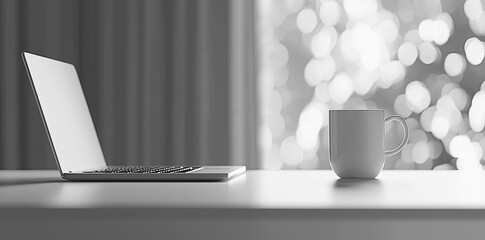Wall Mural - Minimalist white office desk with laptop and coffee mug on a blurred background, with space for text, representing the concept of working from home