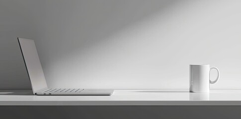Wall Mural - Minimalist white office desk with laptop and coffee mug on a blurred background, with space for text, representing the concept of working from home
