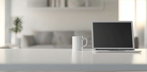 Wall Mural - Minimalist white office desk with laptop and coffee mug on a blurred background, with space for text, representing the concept of working from home