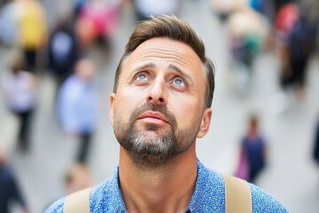 Wall Mural - Man with a beard and blue shirt looking up. There are many people around him. One of them is wearing a backpack