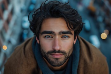 Wall Mural - Man with a beard and glasses is wearing a brown jacket. He is looking at the camera. portrait of a man in a city