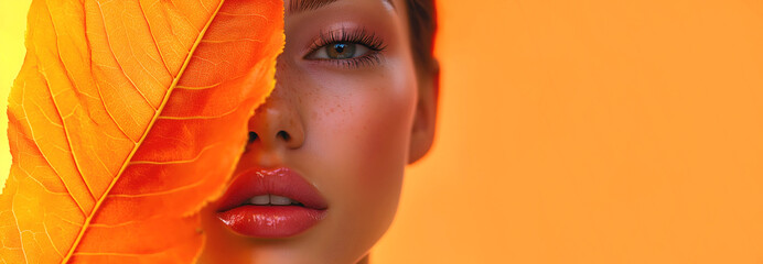 Close-up of a woman's face partially covered by a vibrant orange leaf against a matching orange background