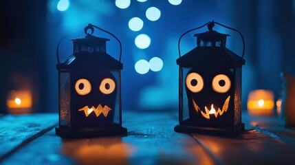 Two halloween lanterns with evil eyes and face on a wood table with a spooky dark blue background at night with light bokeh.