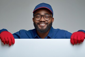 Sticker - Man wearing a blue shirt and red gloves. very happy African American car mechanic man wearing blue and red gear standing behind a white blank banner, isolated on a white background