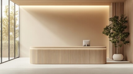 Wall Mural - Light wood reception desk in office waiting room, LED lighting, modern minimalist style, light-colored walls, clear windows